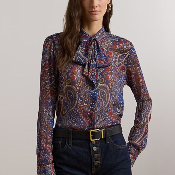 Lauren Ralph Lauren Printed Ruffel Button Down Shirt Size S - Picture 1 of 7